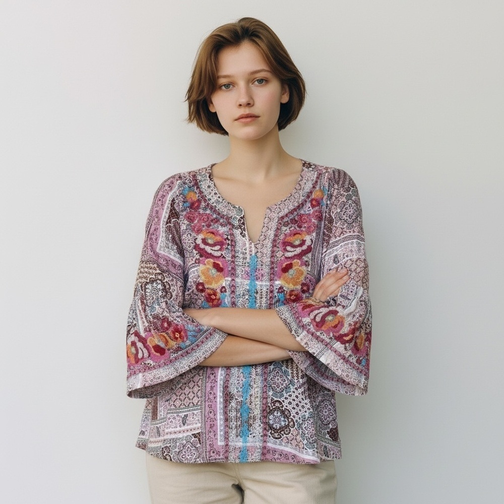 Savanna Jane Pink & Mulri-color Embroidered Circular Flounced sleeves, Sz Small